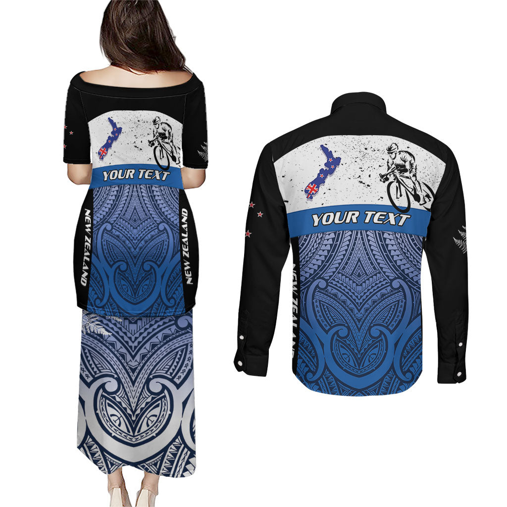 Personalised Cycling New Zealand Couples Matching Puletasi and Long Sleeve Button Shirt Aotearoa Map Fern Maori Pattern