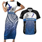 Personalised Cycling New Zealand Couples Matching Short Sleeve Bodycon Dress and Hawaiian Shirt Aotearoa Map Fern Maori Pattern