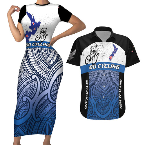 Personalised Cycling New Zealand Couples Matching Short Sleeve Bodycon Dress and Hawaiian Shirt Aotearoa Map Fern Maori Pattern