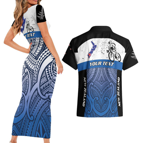 Personalised Cycling New Zealand Couples Matching Short Sleeve Bodycon Dress and Hawaiian Shirt Aotearoa Map Fern Maori Pattern