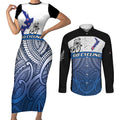 Personalised Cycling New Zealand Couples Matching Short Sleeve Bodycon Dress and Long Sleeve Button Shirt Aotearoa Map Fern Maori Pattern
