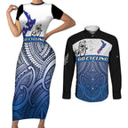 Personalised Cycling New Zealand Couples Matching Short Sleeve Bodycon Dress and Long Sleeve Button Shirt Aotearoa Map Fern Maori Pattern