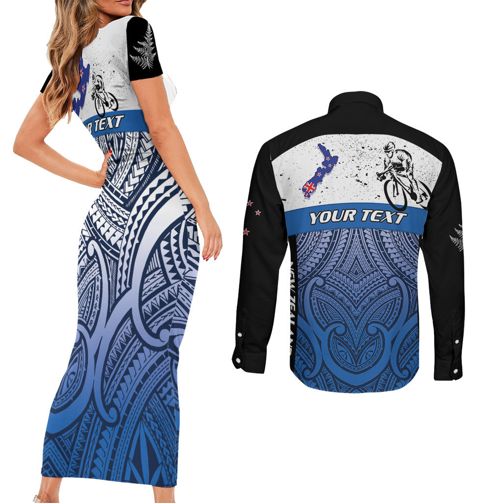 Personalised Cycling New Zealand Couples Matching Short Sleeve Bodycon Dress and Long Sleeve Button Shirt Aotearoa Map Fern Maori Pattern