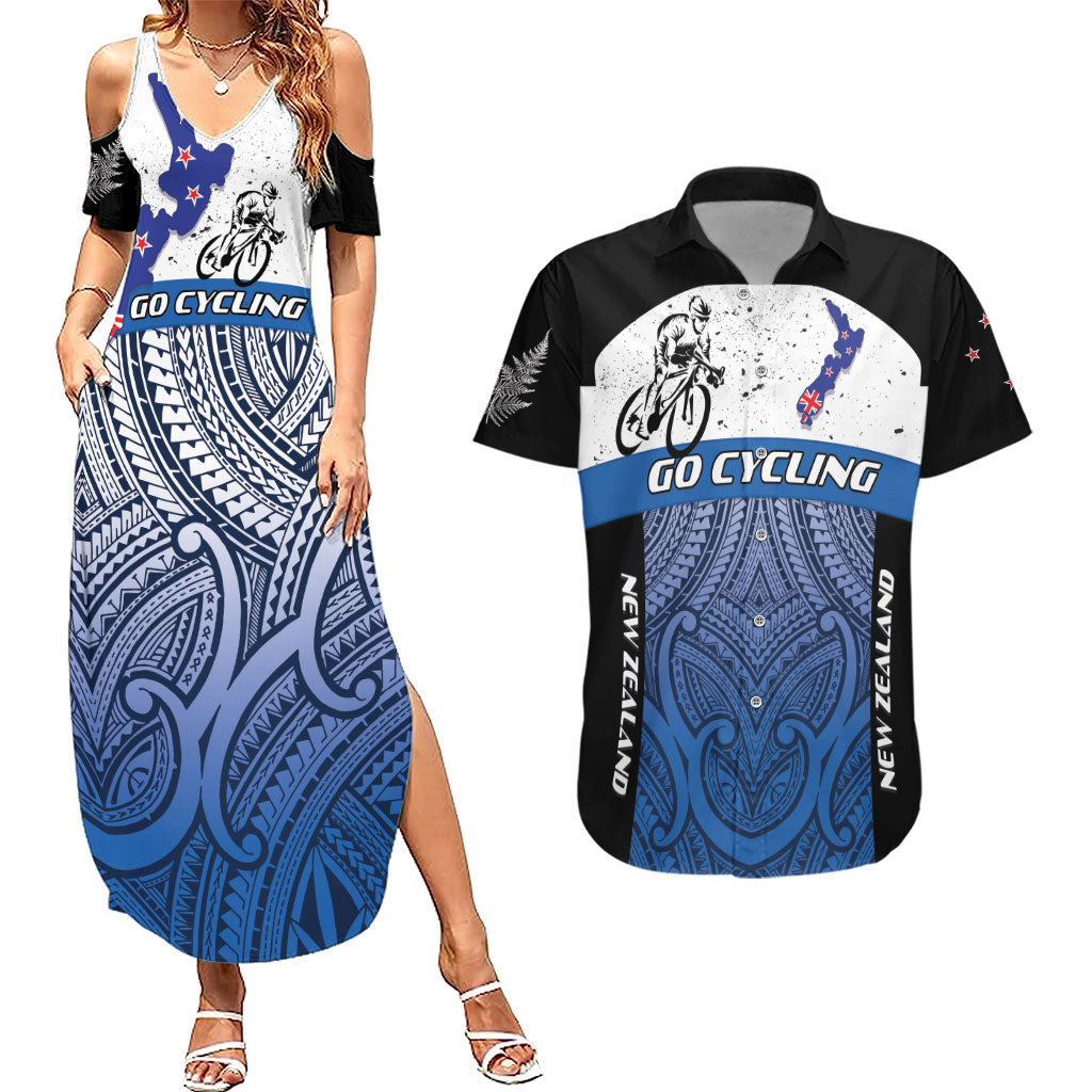 Personalised Cycling New Zealand Couples Matching Summer Maxi Dress and Hawaiian Shirt Aotearoa Map Fern Maori Pattern