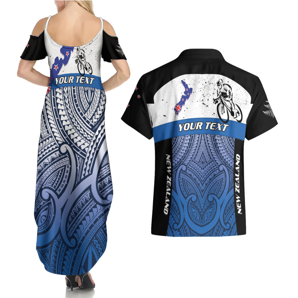 Personalised Cycling New Zealand Couples Matching Summer Maxi Dress and Hawaiian Shirt Aotearoa Map Fern Maori Pattern