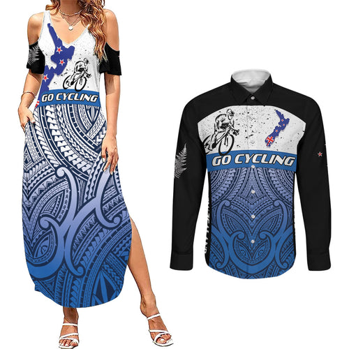 Personalised Cycling New Zealand Couples Matching Summer Maxi Dress and Long Sleeve Button Shirt Aotearoa Map Fern Maori Pattern
