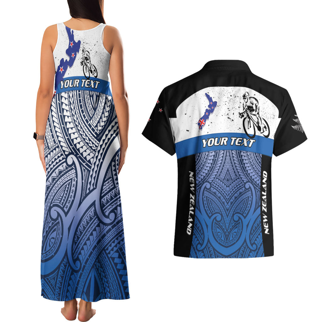 Personalised Cycling New Zealand Couples Matching Tank Maxi Dress and Hawaiian Shirt Aotearoa Map Fern Maori Pattern