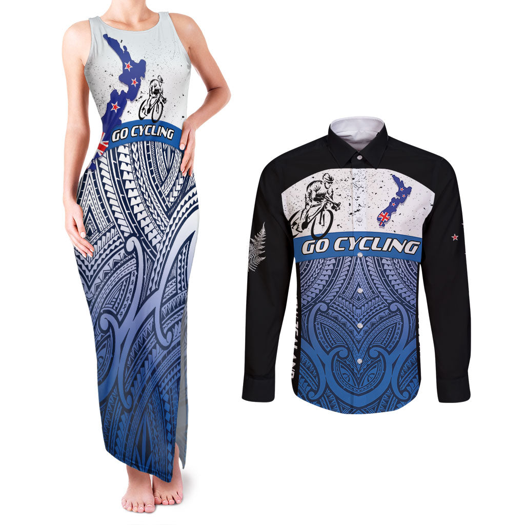 Personalised Cycling New Zealand Couples Matching Tank Maxi Dress and Long Sleeve Button Shirt Aotearoa Map Fern Maori Pattern