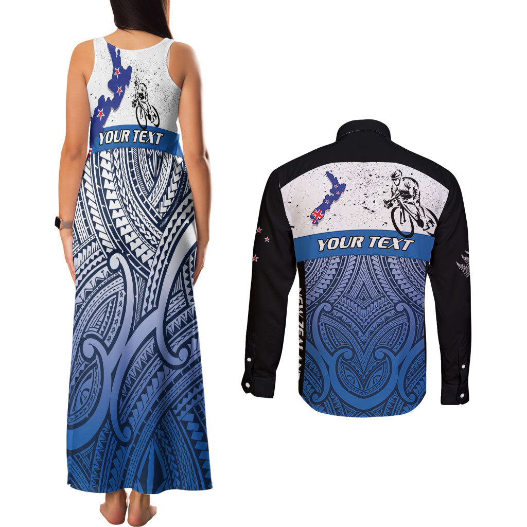 Personalised Cycling New Zealand Couples Matching Tank Maxi Dress and Long Sleeve Button Shirt Aotearoa Map Fern Maori Pattern