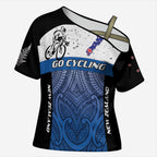 Personalised Cycling New Zealand Cross Shoulder Shirt Aotearoa Map Fern Maori Pattern