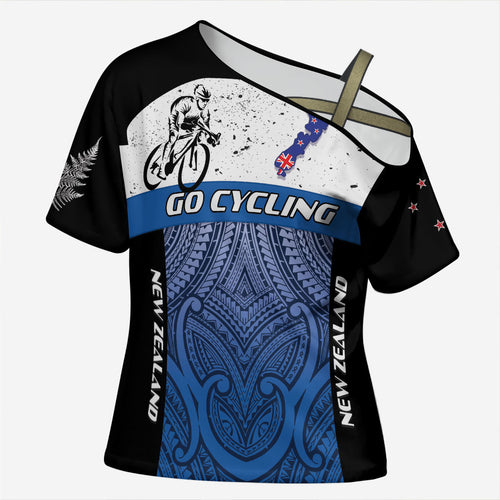 Personalised Cycling New Zealand Cross Shoulder Shirt Aotearoa Map Fern Maori Pattern