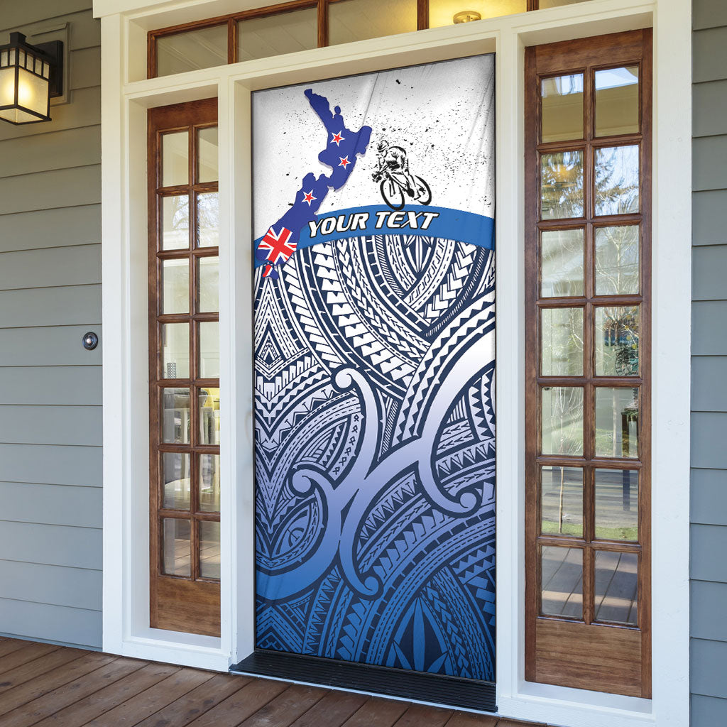 Personalised Cycling New Zealand Door Cover Aotearoa Map Fern Maori Pattern