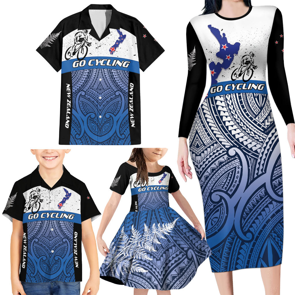 Personalised Cycling New Zealand Family Matching Long Sleeve Bodycon Dress and Hawaiian Shirt Aotearoa Map Fern Maori Pattern