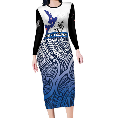 Personalised Cycling New Zealand Family Matching Long Sleeve Bodycon Dress and Hawaiian Shirt Aotearoa Map Fern Maori Pattern