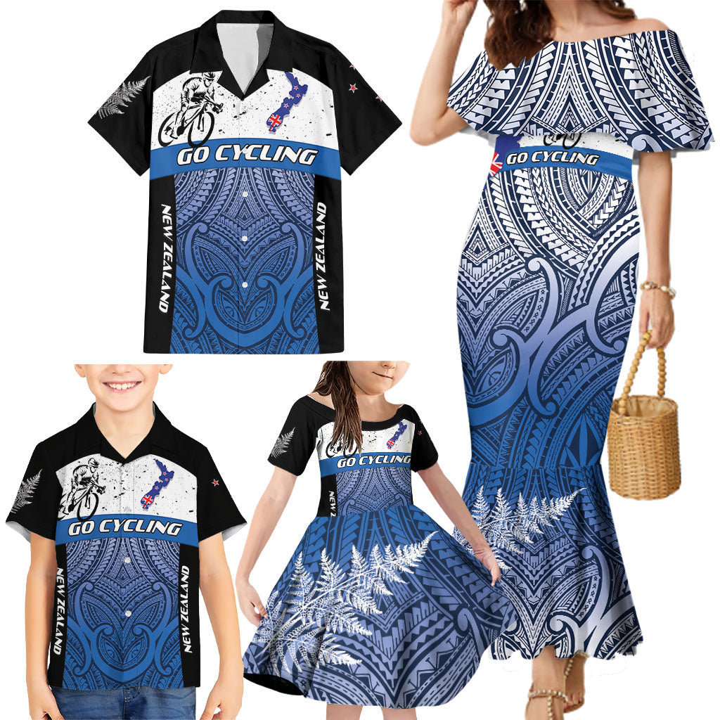 Personalised Cycling New Zealand Family Matching Mermaid Dress and Hawaiian Shirt Aotearoa Map Fern Maori Pattern