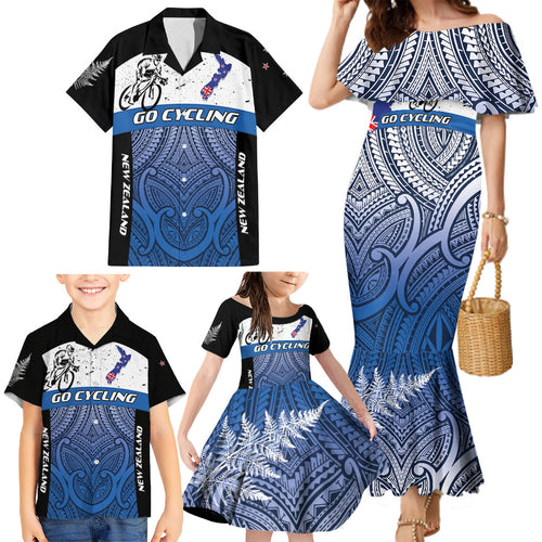 Personalised Cycling New Zealand Family Matching Mermaid Dress and Hawaiian Shirt Aotearoa Map Fern Maori Pattern