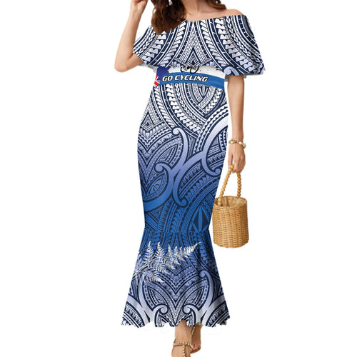 Personalised Cycling New Zealand Family Matching Mermaid Dress and Hawaiian Shirt Aotearoa Map Fern Maori Pattern