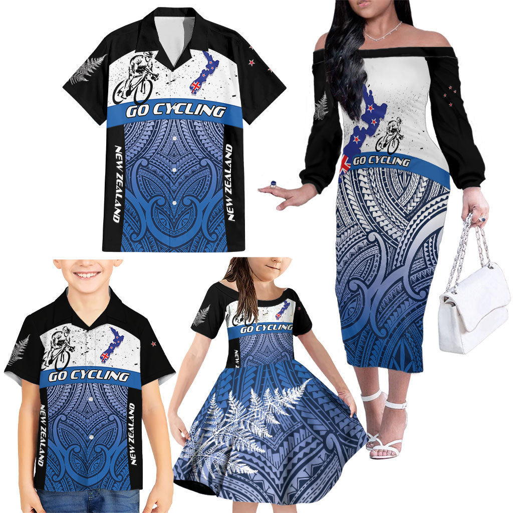 Personalised Cycling New Zealand Family Matching Off The Shoulder Long Sleeve Dress and Hawaiian Shirt Aotearoa Map Fern Maori Pattern