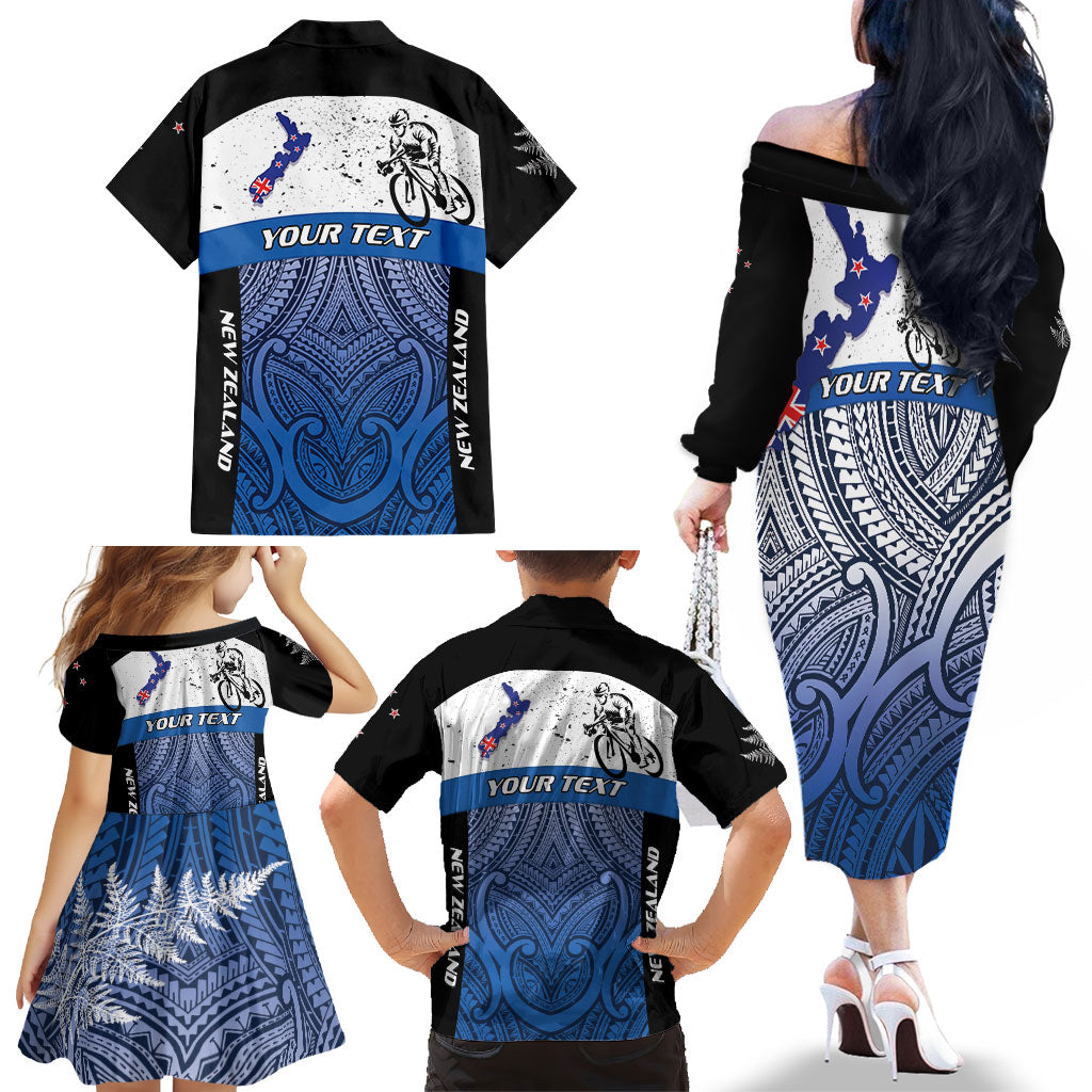 Personalised Cycling New Zealand Family Matching Off The Shoulder Long Sleeve Dress and Hawaiian Shirt Aotearoa Map Fern Maori Pattern