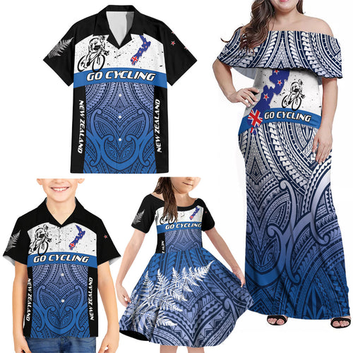 Personalised Cycling New Zealand Family Matching Off Shoulder Maxi Dress and Hawaiian Shirt Aotearoa Map Fern Maori Pattern
