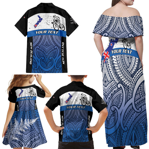 Personalised Cycling New Zealand Family Matching Off Shoulder Maxi Dress and Hawaiian Shirt Aotearoa Map Fern Maori Pattern