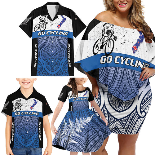 Personalised Cycling New Zealand Family Matching Off Shoulder Short Dress and Hawaiian Shirt Aotearoa Map Fern Maori Pattern