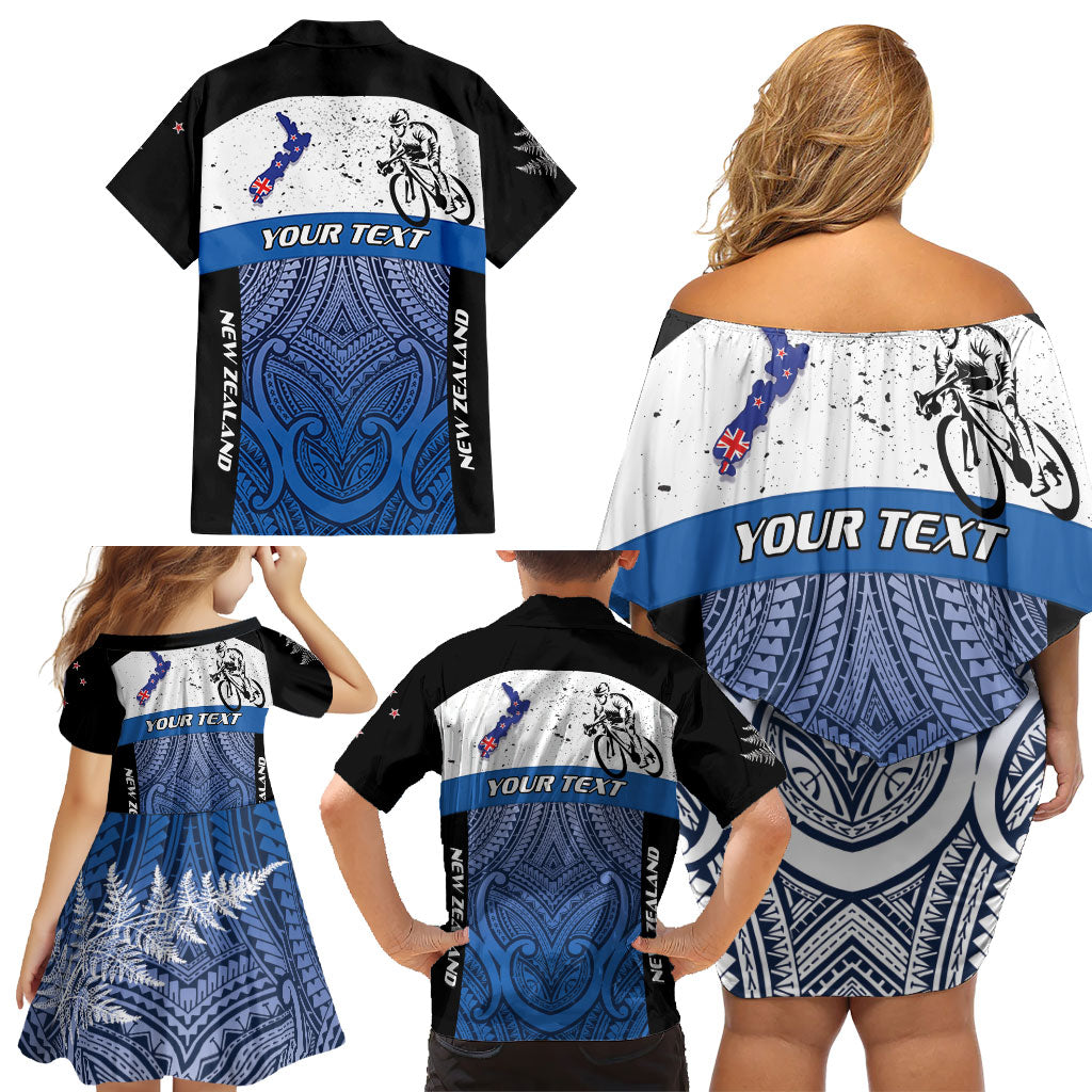 Personalised Cycling New Zealand Family Matching Off Shoulder Short Dress and Hawaiian Shirt Aotearoa Map Fern Maori Pattern