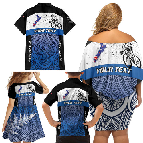 Personalised Cycling New Zealand Family Matching Off Shoulder Short Dress and Hawaiian Shirt Aotearoa Map Fern Maori Pattern