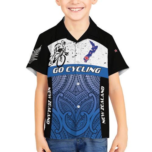 Personalised Cycling New Zealand Family Matching Off Shoulder Short Dress and Hawaiian Shirt Aotearoa Map Fern Maori Pattern