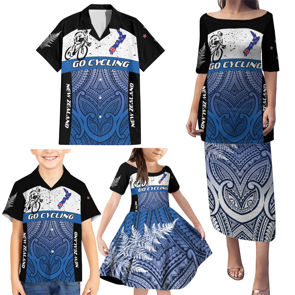 Personalised Cycling New Zealand Family Matching Puletasi and Hawaiian Shirt Aotearoa Map Fern Maori Pattern