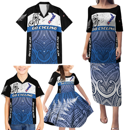 Personalised Cycling New Zealand Family Matching Puletasi and Hawaiian Shirt Aotearoa Map Fern Maori Pattern