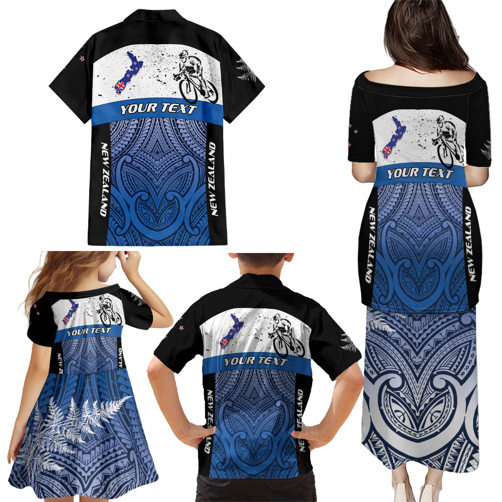 Personalised Cycling New Zealand Family Matching Puletasi and Hawaiian Shirt Aotearoa Map Fern Maori Pattern