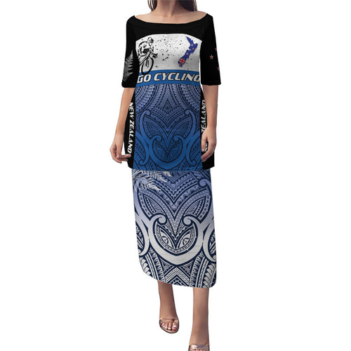 Personalised Cycling New Zealand Family Matching Puletasi and Hawaiian Shirt Aotearoa Map Fern Maori Pattern