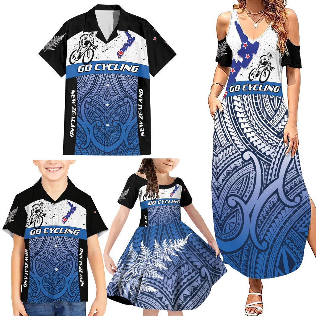 Personalised Cycling New Zealand Family Matching Summer Maxi Dress and Hawaiian Shirt Aotearoa Map Fern Maori Pattern