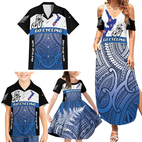 Personalised Cycling New Zealand Family Matching Summer Maxi Dress and Hawaiian Shirt Aotearoa Map Fern Maori Pattern