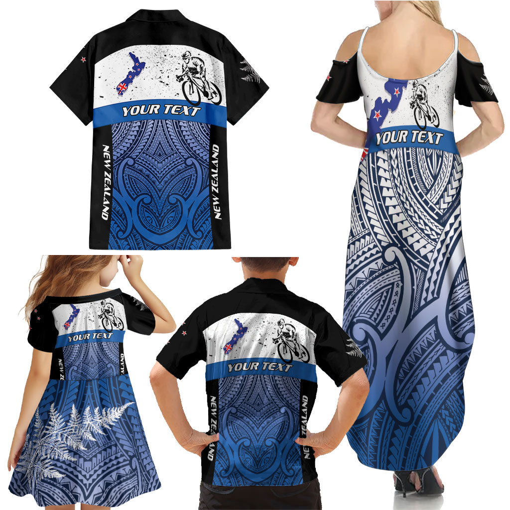Personalised Cycling New Zealand Family Matching Summer Maxi Dress and Hawaiian Shirt Aotearoa Map Fern Maori Pattern