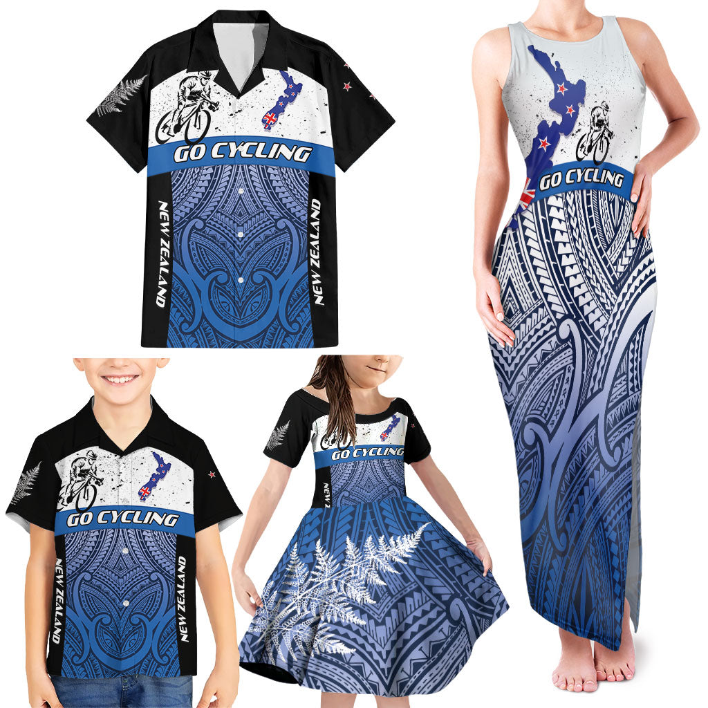 Personalised Cycling New Zealand Family Matching Tank Maxi Dress and Hawaiian Shirt Aotearoa Map Fern Maori Pattern