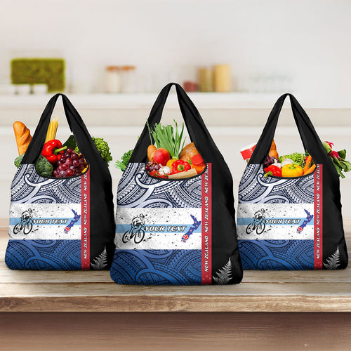 Personalised Cycling New Zealand Grocery Bag Aotearoa Map Fern Maori Pattern