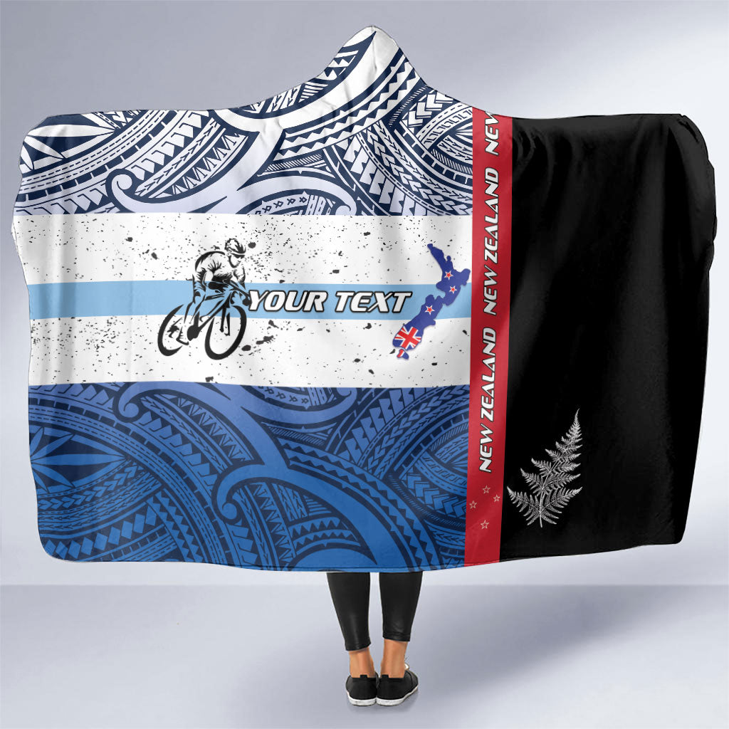 Personalised Cycling New Zealand Hooded Blanket Aotearoa Map Fern Maori Pattern