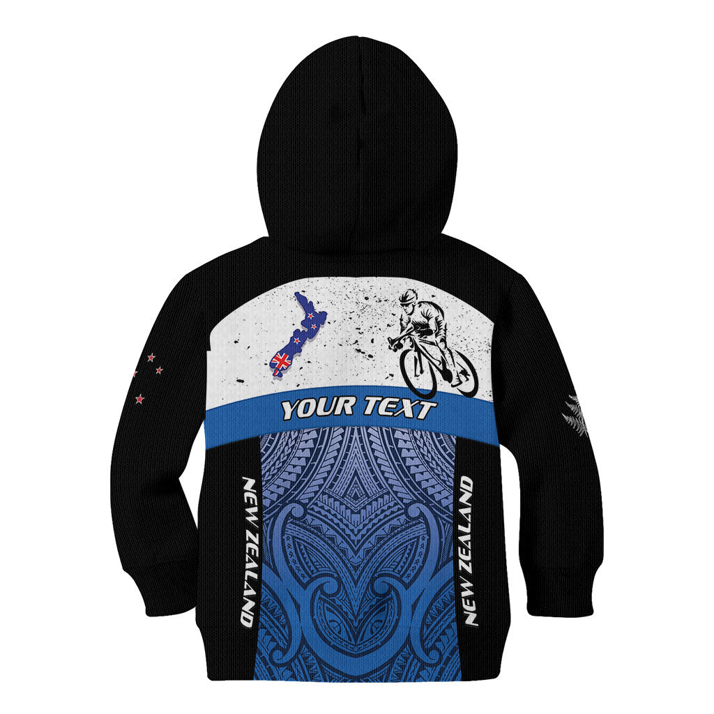 Personalised Cycling New Zealand Kid Hoodie Aotearoa Map Fern Maori Pattern
