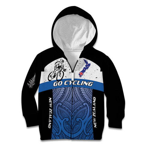 Personalised Cycling New Zealand Kid Hoodie Aotearoa Map Fern Maori Pattern