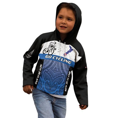 Personalised Cycling New Zealand Kid Hoodie Aotearoa Map Fern Maori Pattern