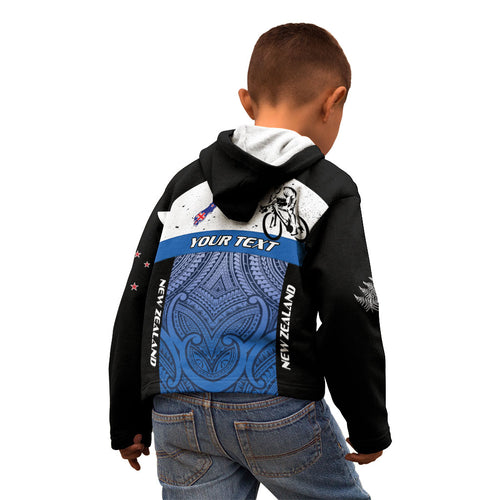 Personalised Cycling New Zealand Kid Hoodie Aotearoa Map Fern Maori Pattern