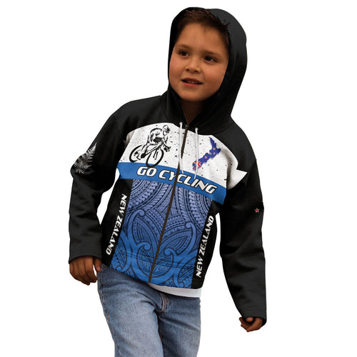 Personalised Cycling New Zealand Kid Hoodie Aotearoa Map Fern Maori Pattern