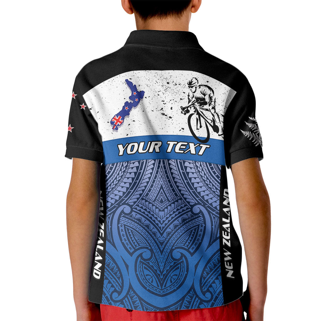 Personalised Cycling New Zealand Kid Polo Shirt Aotearoa Map Fern Maori Pattern