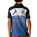 Personalised Cycling New Zealand Kid Polo Shirt Aotearoa Map Fern Maori Pattern