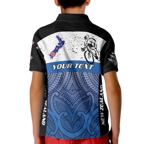Personalised Cycling New Zealand Kid Polo Shirt Aotearoa Map Fern Maori Pattern
