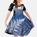 Personalised Cycling New Zealand Kid Short Sleeve Dress Aotearoa Map Fern Maori Pattern