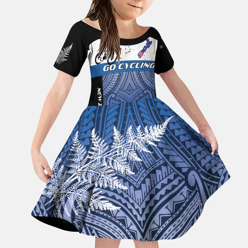 Personalised Cycling New Zealand Kid Short Sleeve Dress Aotearoa Map Fern Maori Pattern