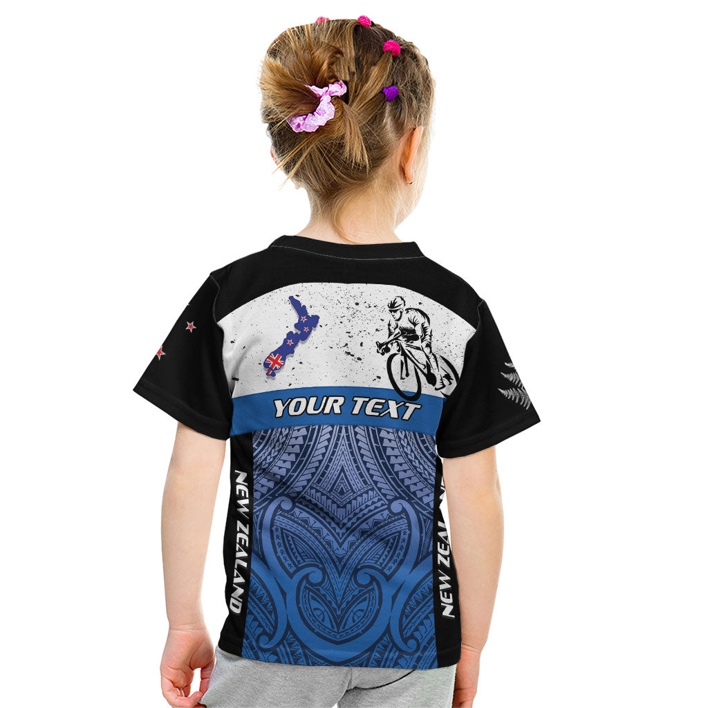 Personalised Cycling New Zealand Kid T Shirt Aotearoa Map Fern Maori Pattern